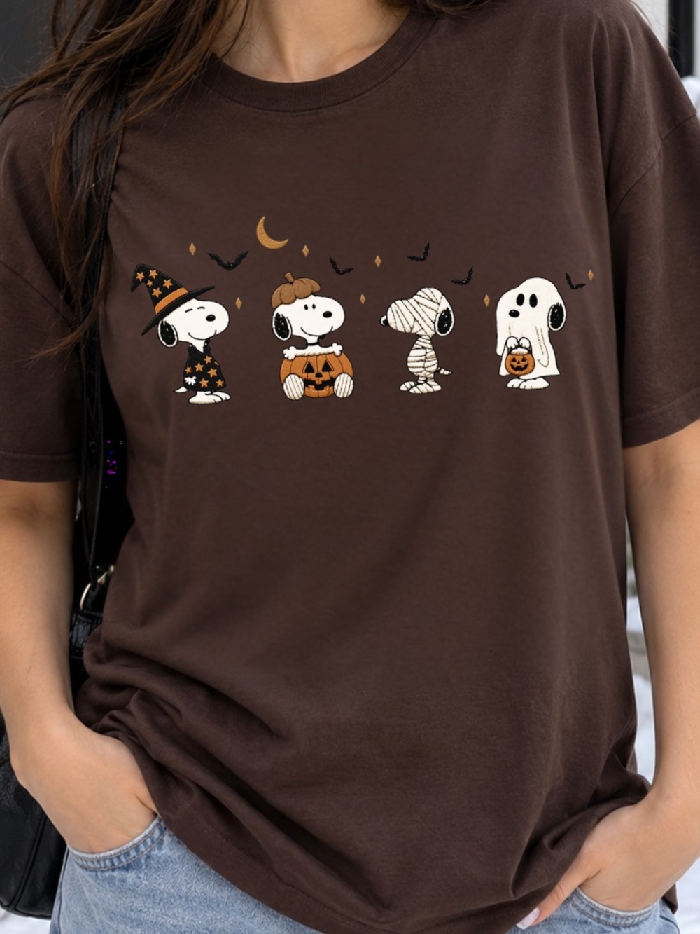 Snoopy Halloween Costumes Witch Pumpkin Mummy Ghost Vintage Brown T-Shirt